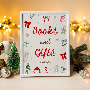 Póster Libros y regalos de baby shower de Navidad dibujad