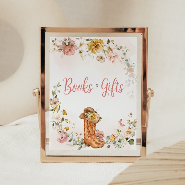 Póster Libros y regalos de Baby Shower de niña floral (Cowgirl Wild West Baby Shower Books and Gifts Sign)
