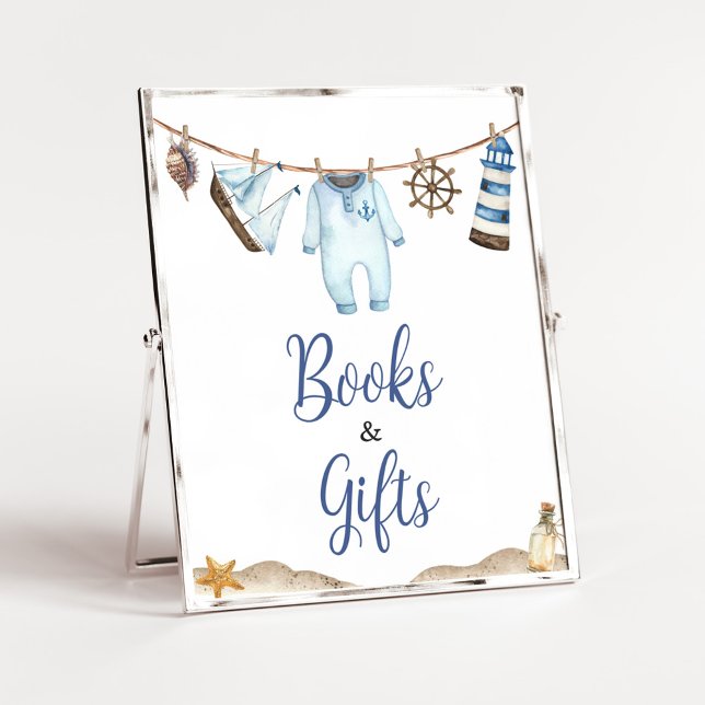 Póster Libros y regalos de Baby Shower de Sailor Ahoy (Nautical Ahoy Baby Shower Books and Gifts Sign)