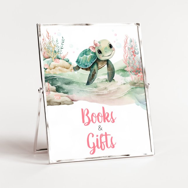 Póster Libros y regalos de Baby Shower de tortuga marina  (A Little Hatching Is On the Way Baby Shower Books and Gifts Sign)