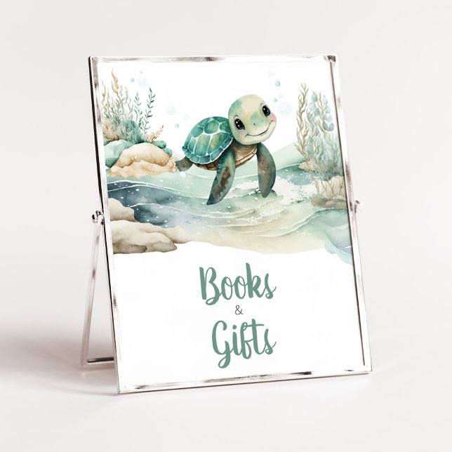 Póster Libros y regalos de Baby Shower de tortugas marina (A Little Hatching Is On the Way Baby Shower Books and Gifts Sign)