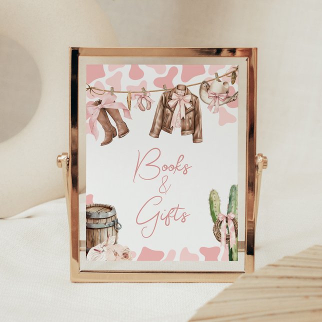 Póster Libros y regalos de Baby Shower de una niña pequeñ (A Little Cowgirl Clothesline Baby Shower Books and Gifts Sign)