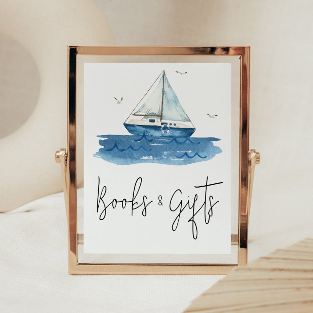 Póster Libros y regalos de Baby Shower en barco náutico (Ahoy It’s A Boy Baby Shower Books and Gifts Sign)