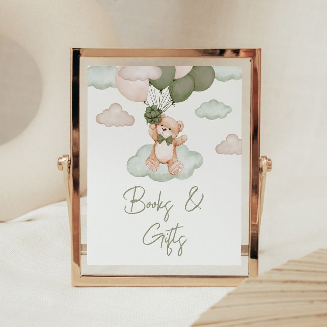 Póster Libros y regalos de Baby Shower en globo Bebé Verd (Green Bear Balloon Bearly Wait Baby Shower Books and Gifts Sign)