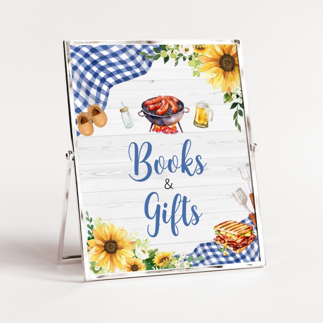 Póster Libros y regalos de Baby Shower en la barbacoa del (Boy Picnic Backyard Baby Shower Books and Gifts Sign)