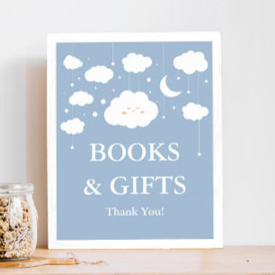 Póster Libros y regalos de Baby Shower en la nube azul