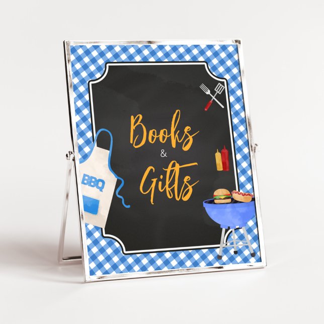 Póster Libros y regalos de Baby Shower en la zona de barb (Boy Baby-Q Baby Shower Books and Gifts Sign)