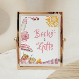 Póster Libros y regalos de Baby Shower en verano en la pl