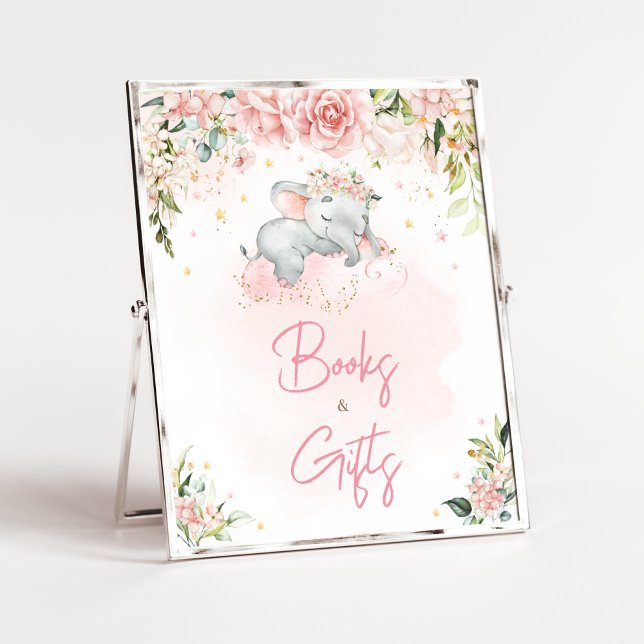 Póster Libros y regalos de Baby Shower para elefantes de  (Pink Floral Sleeping Elephant Baby Shower Books and Gifts Sign)