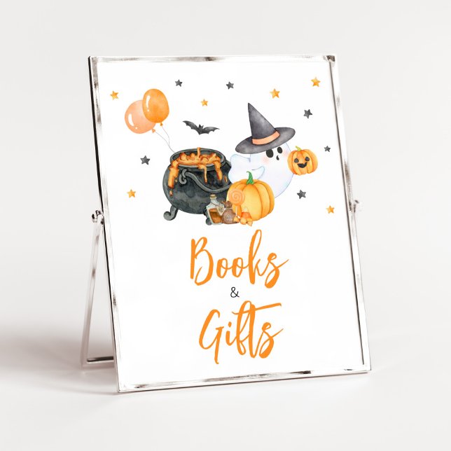 Póster Libros y regalos de Baby Shower para naranjas (Ghost Halloween Baby Shower Books and Gifts Sign)