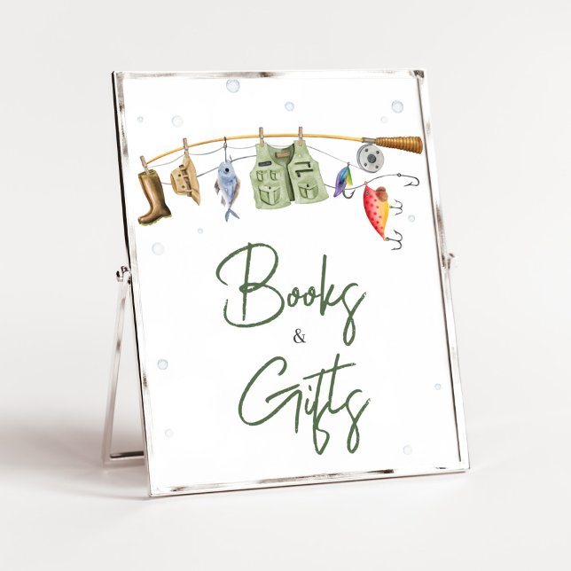 Póster Libros y regalos de Baby Shower para pequeños pesc (Boho Fisherman Baby Shower Books and Gifts Sign)