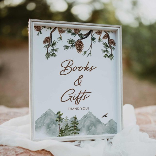 Póster Libros y regalos de bosques (Rustic baby shower books and gifts poster)