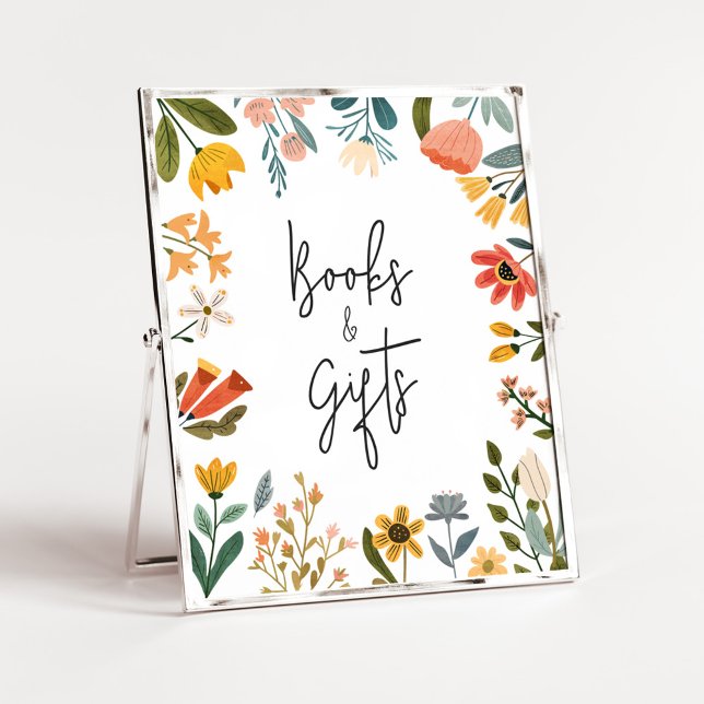 Póster Libros y regalos de flores silvestres brillantes (Botanical Bright Wildflower Baby Shower Books and Gifts Sign
)