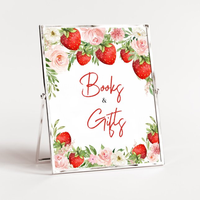 Póster Libros y regalos de fresa de Baby Shower (Pink Floral Strawberry Baby Shower Books and Gifts Sign)