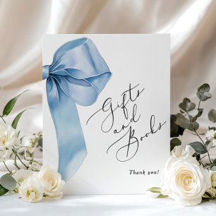 Póster Libros y regalos de lazo azul con caligrafía elega