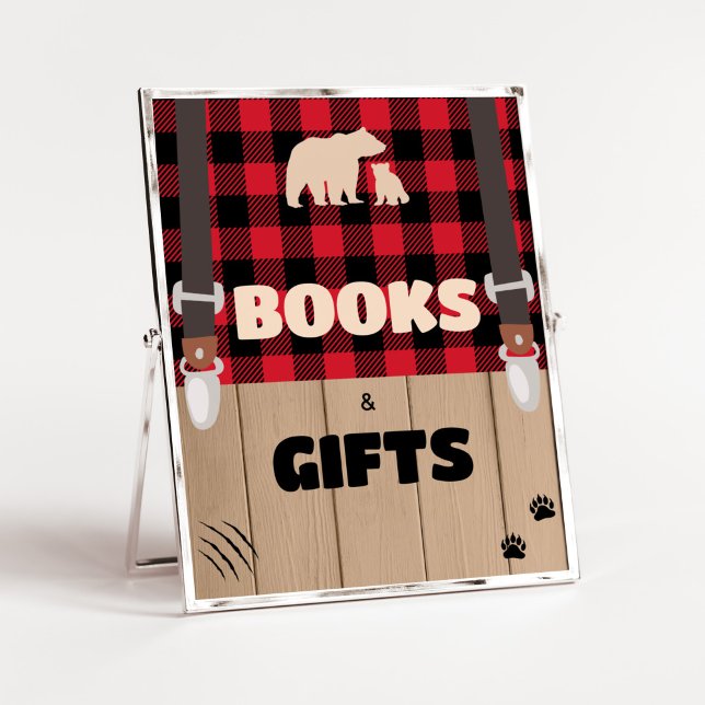 Póster Libros y regalos de Lumberjack Rústico Rojo (Plaid Lumberjack Baby Shower Books and Gifts Sign)