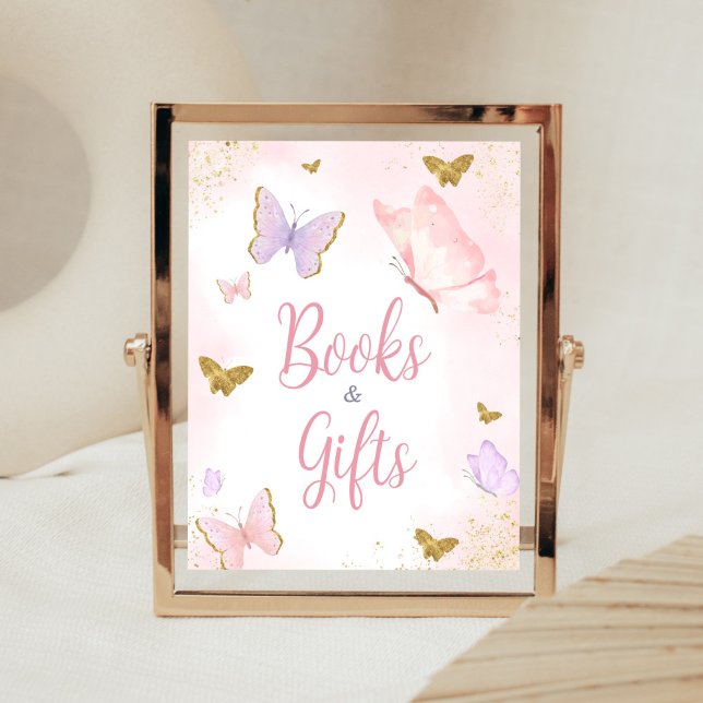 Póster Libros y regalos de primavera de mariposa de oro r (Purple Gold Butterfly Baby Shower Books and Gifts Sign)