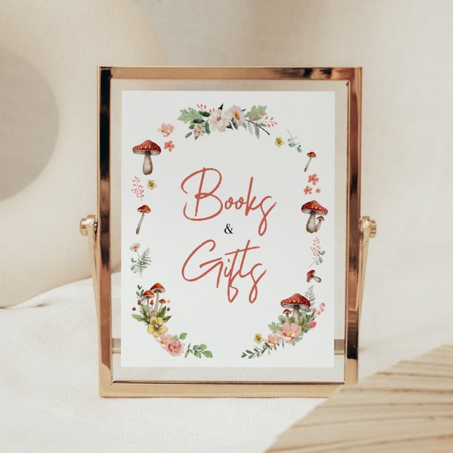 Póster Libros y regalos encantados de hongos y flores sil (Enchanted Mushroom Baby Shower Books and Gifts Sign)
