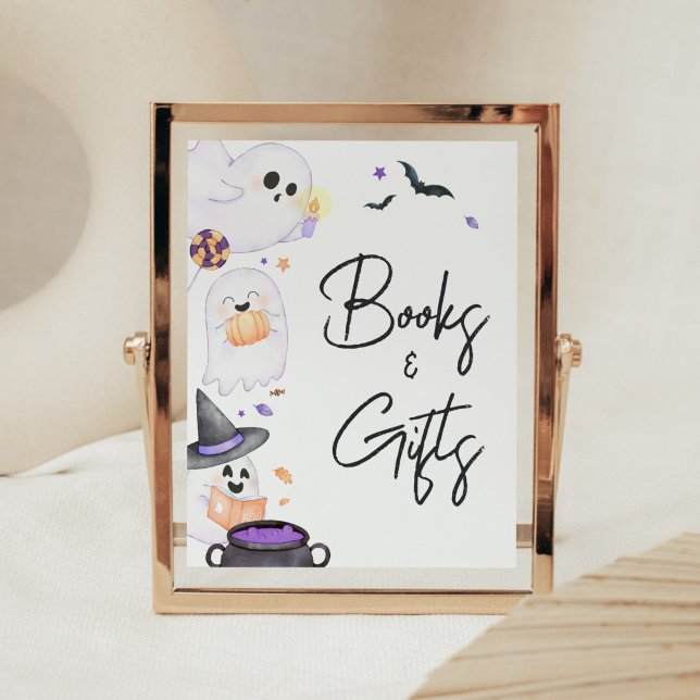 Póster Libros y regalos morados de Halloween (Purple Little Boo Baby Shower Books and Gifts Sign)