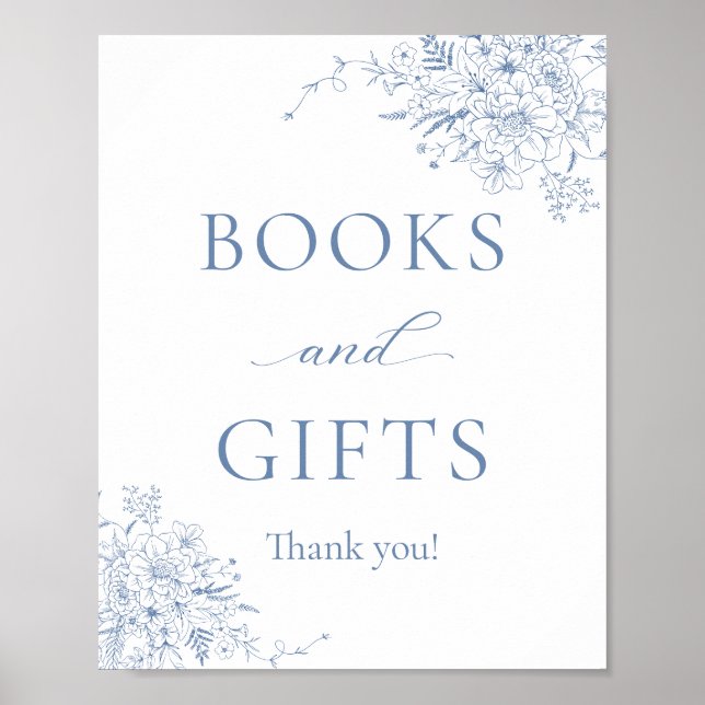 Póster Libros y regalos para baby shower azules (Frente)