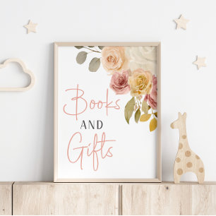 Póster Libros y regalos para baby shower de flores suaves