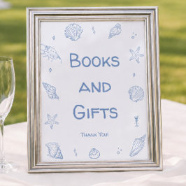 Póster Libros y regalos para baby shower de playa en azul