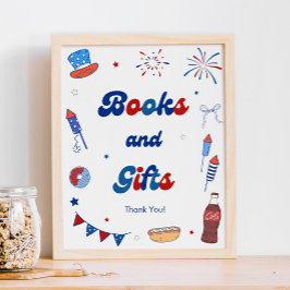 Póster Libros y Regalos para Baby Shower Rojo Blanco y Di