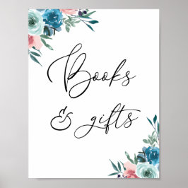 Póster Libros y regalos Rótulo floral rosa y azul