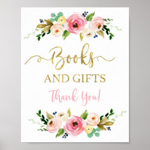 Póster Libros y regalos signos florales rosas y dorados