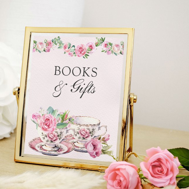 Póster Libros y regalos Viejos tazas de té rosado Baby Sh (Books & Gifts table sign from my Vintage Tea Party Baby Shower Collection)