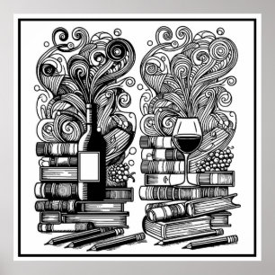 Póster Libros Y Vinos Me Coloran Doodle