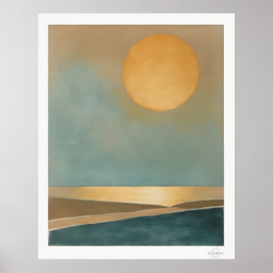 Póster Lienzo abstracto del sol dorado, horizonte del mar
