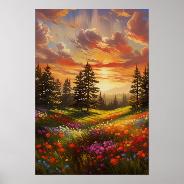 Póster Lienzo del atardecer, flores coloridas (Frente)