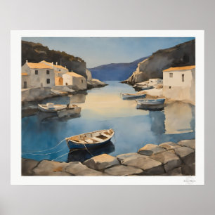 Póster Lienzo del puerto mediterráneo, Barcos pesqueros e