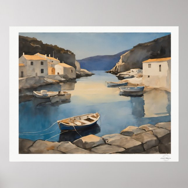 Póster Lienzo del puerto mediterráneo, Barcos pesqueros e (Frente)