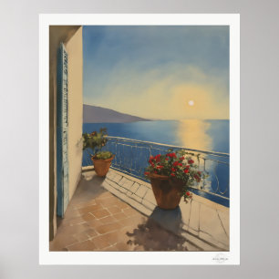 Póster Lienzo Terraza al Atardecer, Vista al Mar Mediterr