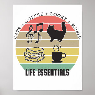 Póster Life Essentials Gats, Café, Libros, Música Vintage
