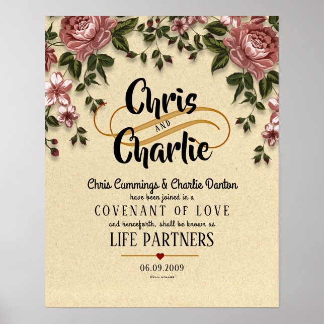 Póster "Life Partners" Modern Floral Wedding Certificate (Frente)