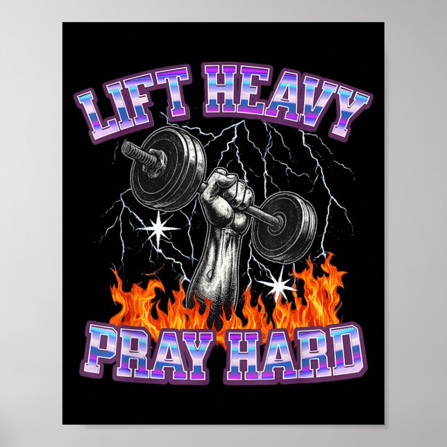 Póster Lift Heavy Pray Hard Gym Christian Workout Men Wom (Frente)