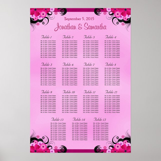Póster Ligero Boda Fuschia 15 Tabla de asientos (Frente)