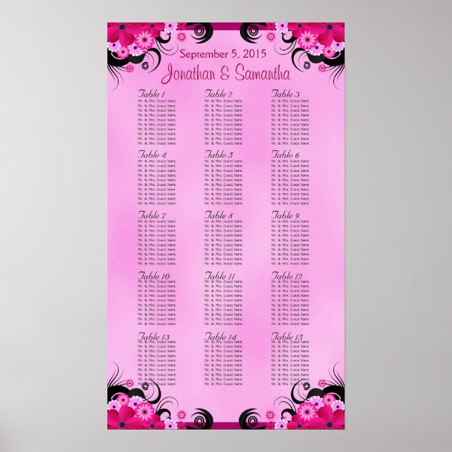 Póster Ligero Fuschia 15 Bodas de tablas de asientos (Frente)