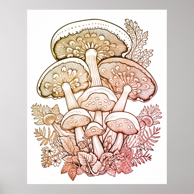 Póster Light Brown Mushrooms on White Background on Wall (Frente)