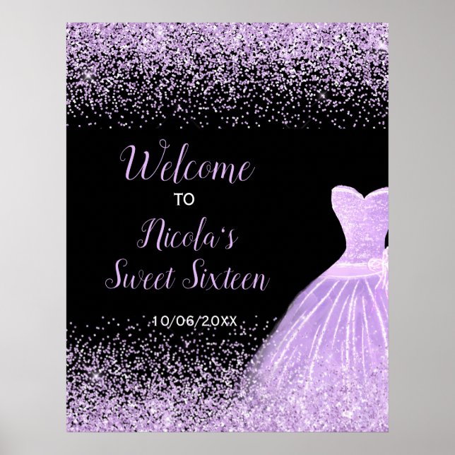 Póster Light Purple Dress Faux Glitter Sweet 16 Welcome (Frente)