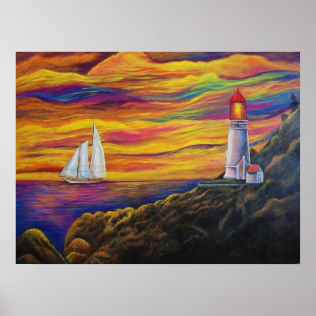 Póster Lighthouse at Sunset Sailboat landscape Mountain (Frente)