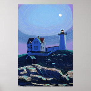 Póster Lighthouse nubble iluminado por luna