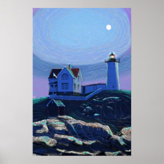 Póster Lighthouse nubble iluminado por luna