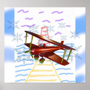 Póster Lighthouse Pier Biplane Olas azules
