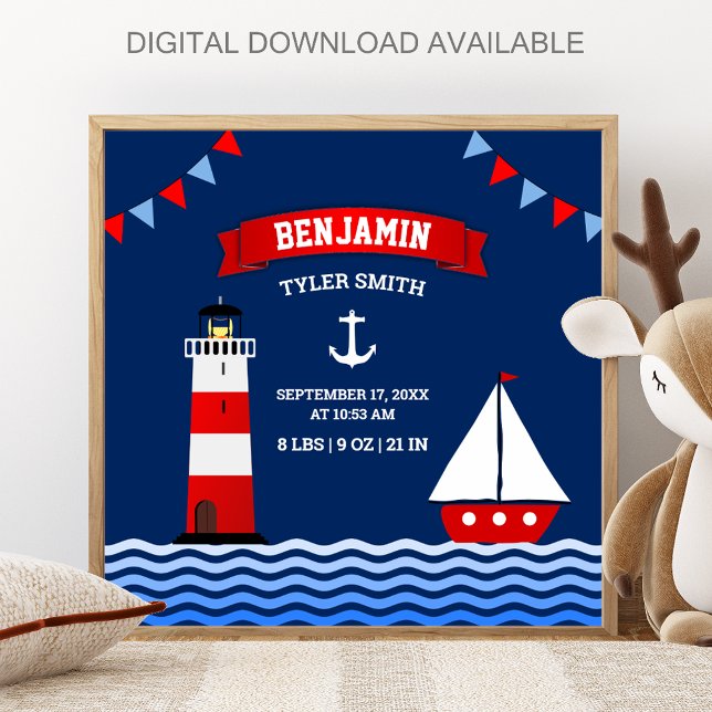 Póster Lighthouse Sailboat Nautical Baby Boy Birth Stats (Subido por el creador)