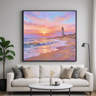 Póster Lighthouse Shore Sunset - Pastel Painting Style