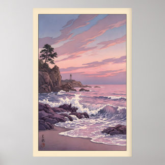 Póster Lighthouse Sunset Print Muted Blue and Pink